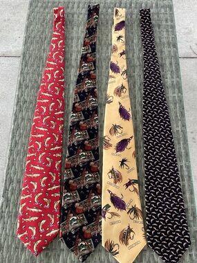FOUR Fishing Patterned 100% Silk Neckties - Red, Black, Gold, Navy EUC